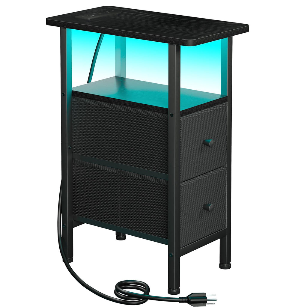 FormaHaven Narrow End Table with Charging Station – 2 Drawers & Open Shelves