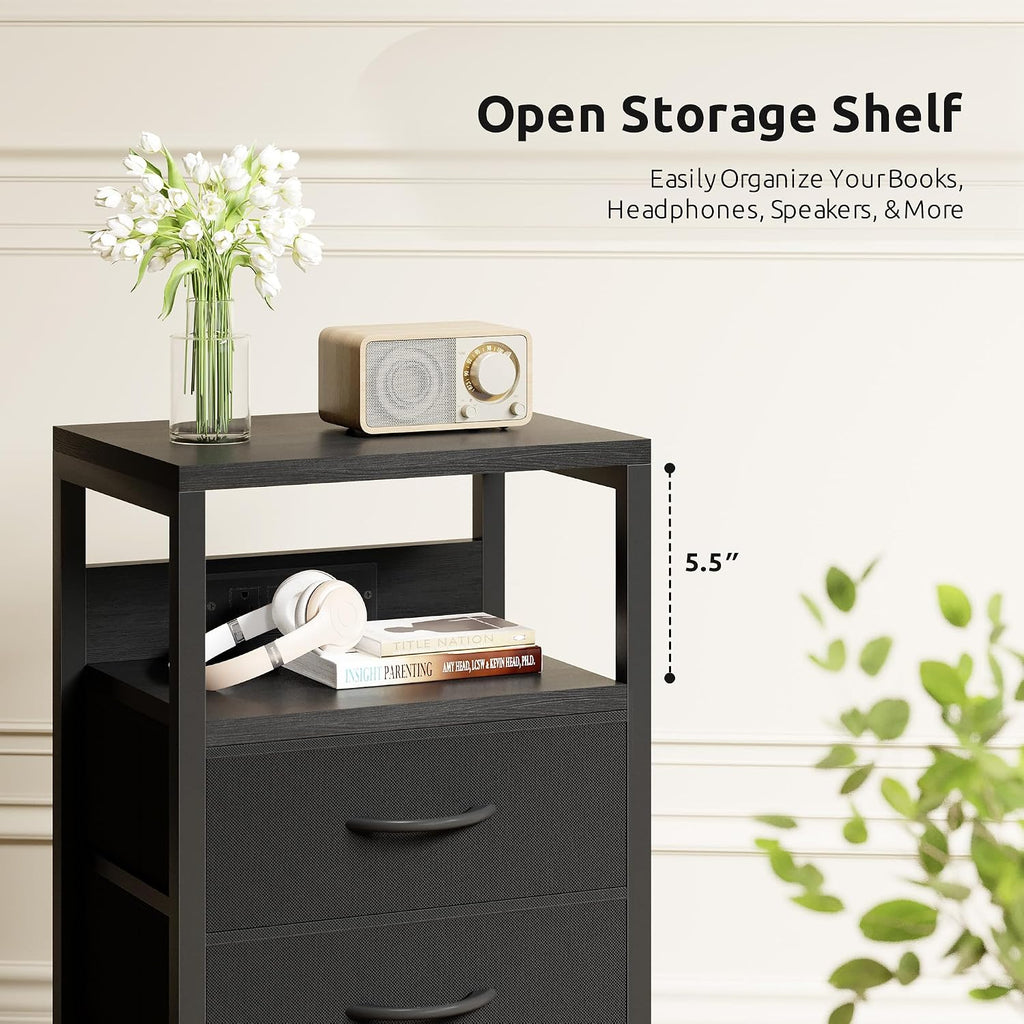 FormaHaven Black Nightstand with Charging Station – 2 Fabric Drawers & Open Shelf