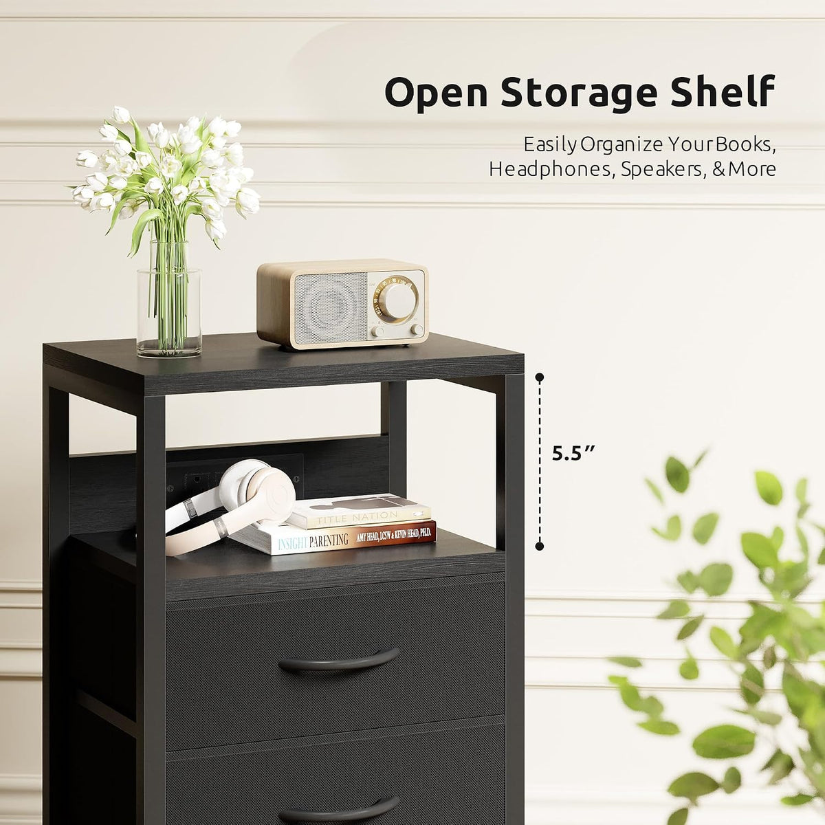 FormaHaven Black Nightstand with Charging Station – 2 Fabric Drawers & Open Shelf