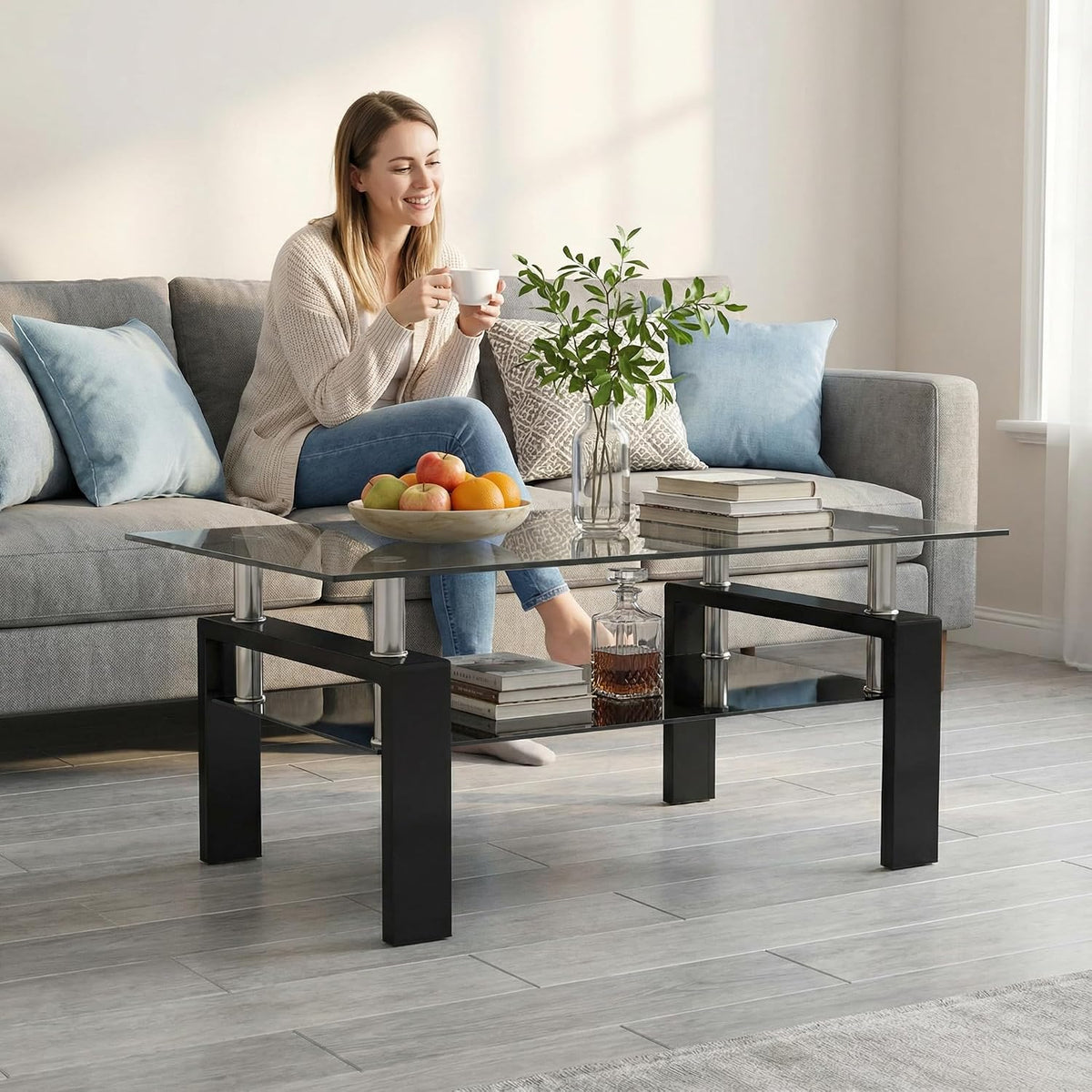 FormaHaven Modern 2-Tier Glass Coffee Table with Black Metal Legs