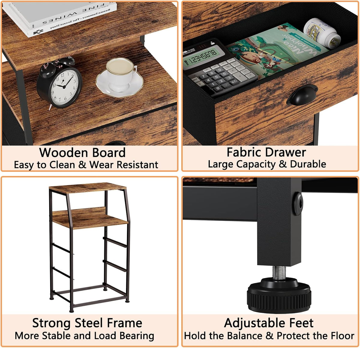FormaHaven 2-Tier Nightstand with Fabric Drawers – Metal Frame Storage Table
