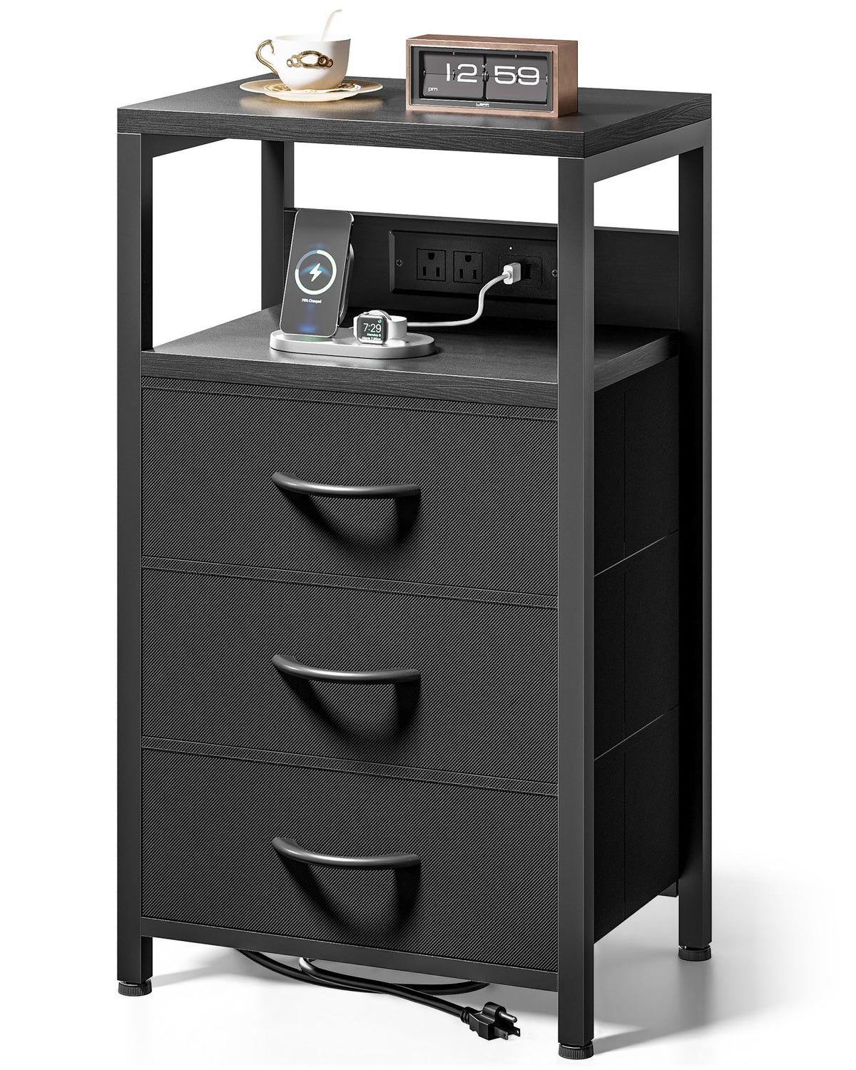FormaHaven Black Nightstand with Charging Station – 2 Fabric Drawers & Open Shelf