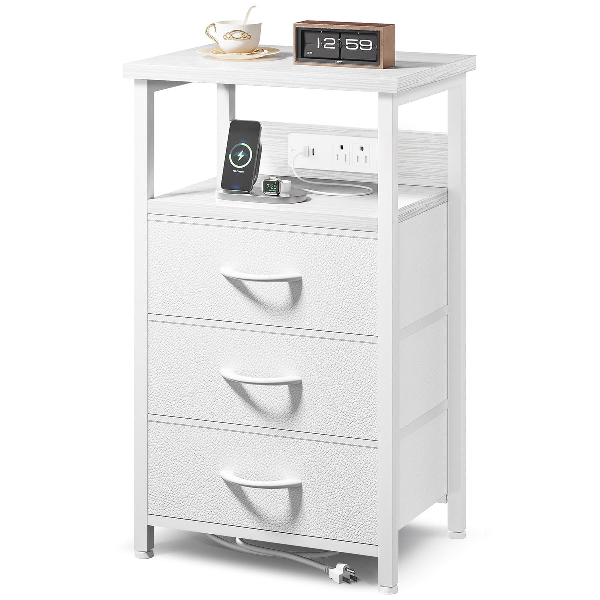 FormaHaven Black Nightstand with Charging Station – 2 Fabric Drawers & Open Shelf