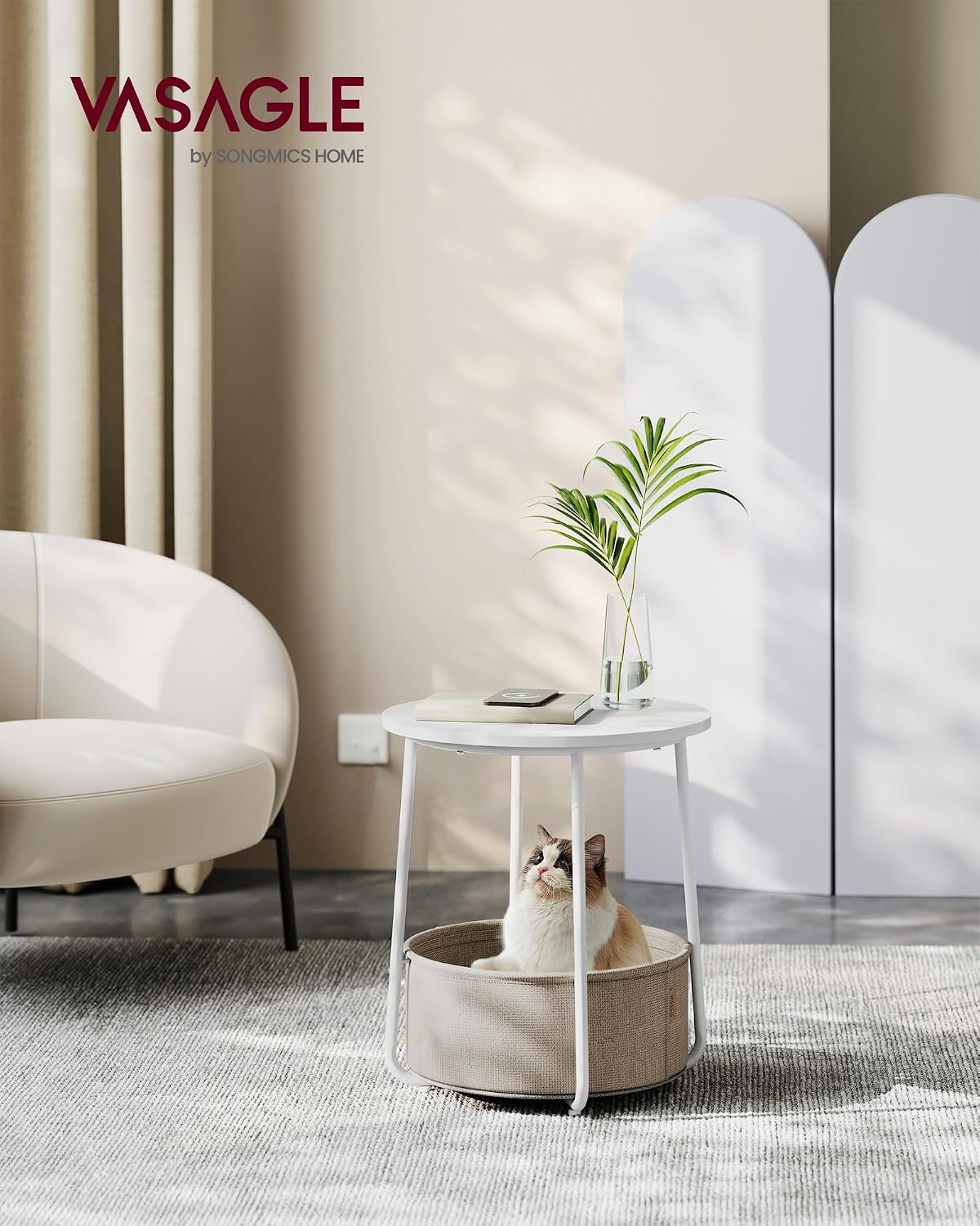 FormaHaven Round Side Table with Fabric Storage Basket – Modern Bedside End Table