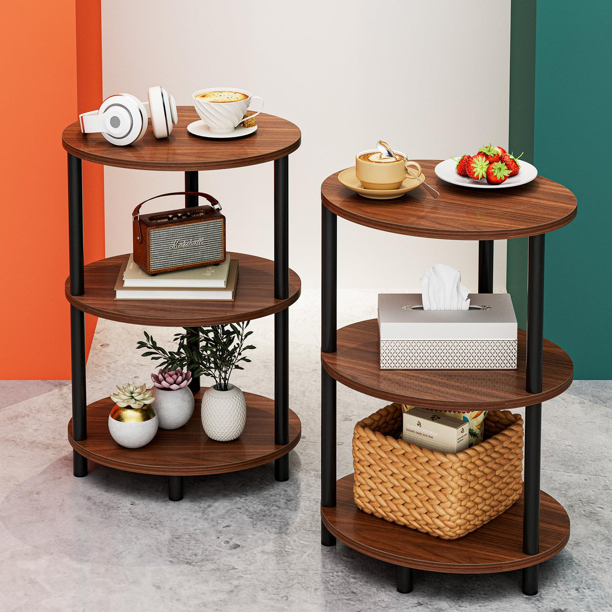 FormaHaven 3-Tier Rustic Wood Side Table with Black Metal Legs