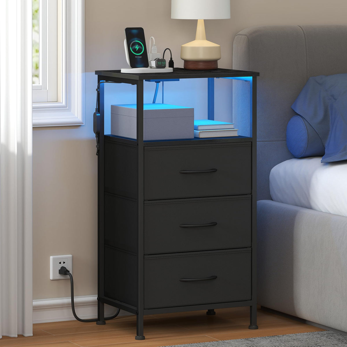 FormaHaven Smart LED Nightstand with Charging Station – 2 Drawers & Open Shelves