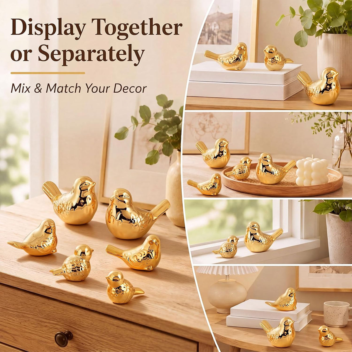 FormaHaven Gold Ceramic Bird Figurines Set of 6 – Elegant Home Decor