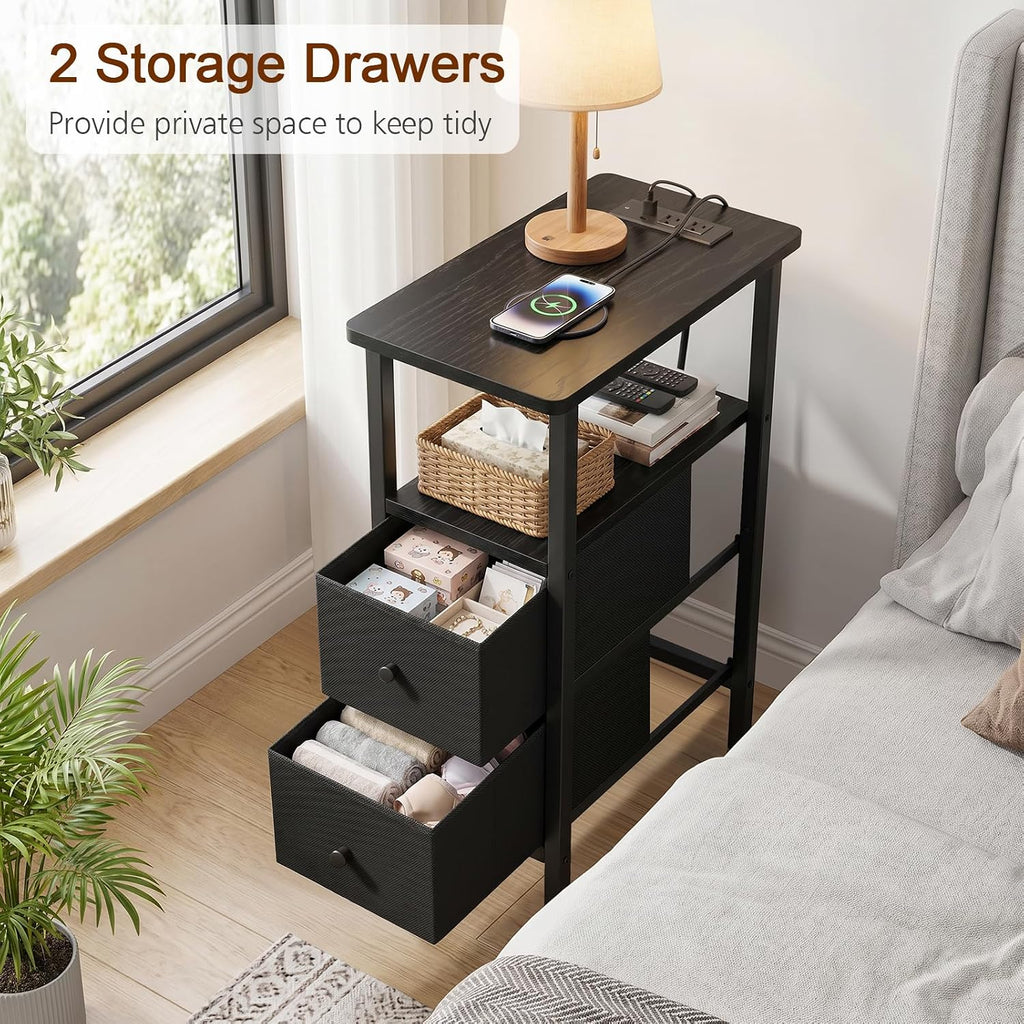FormaHaven Narrow End Table with Charging Station – 2 Drawers & Open Shelves