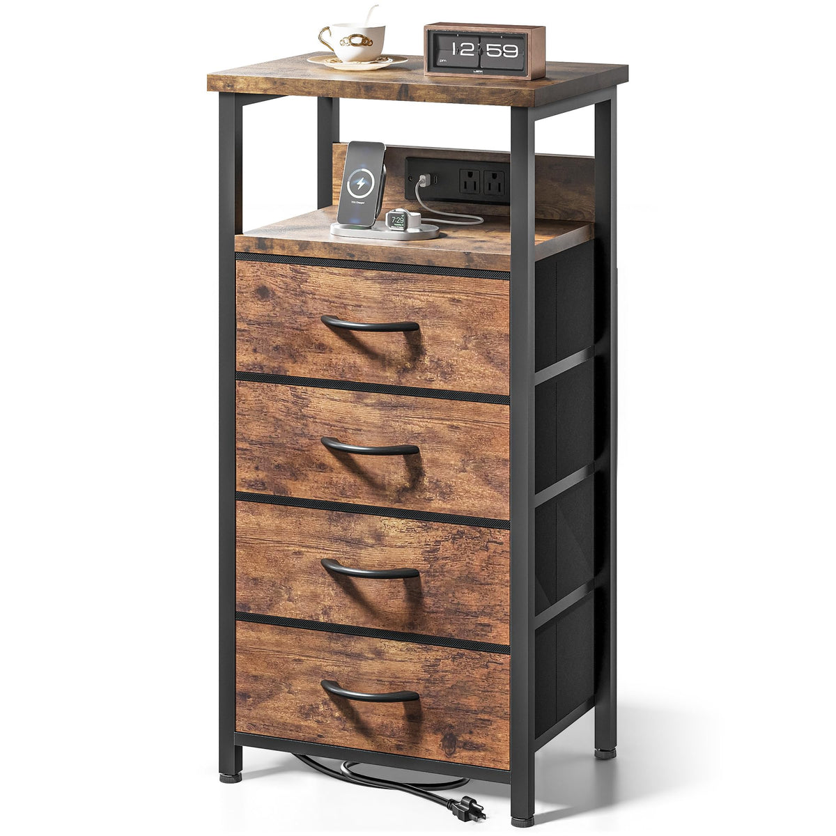 FormaHaven Black Nightstand with Charging Station – 2 Fabric Drawers & Open Shelf