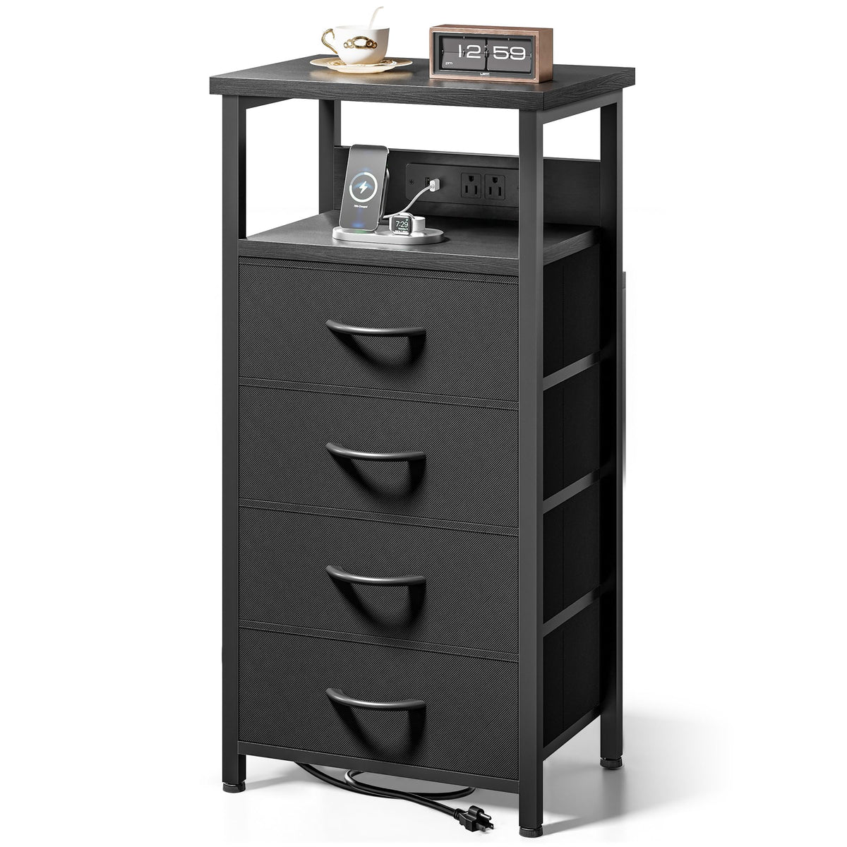 FormaHaven Black Nightstand with Charging Station – 2 Fabric Drawers & Open Shelf