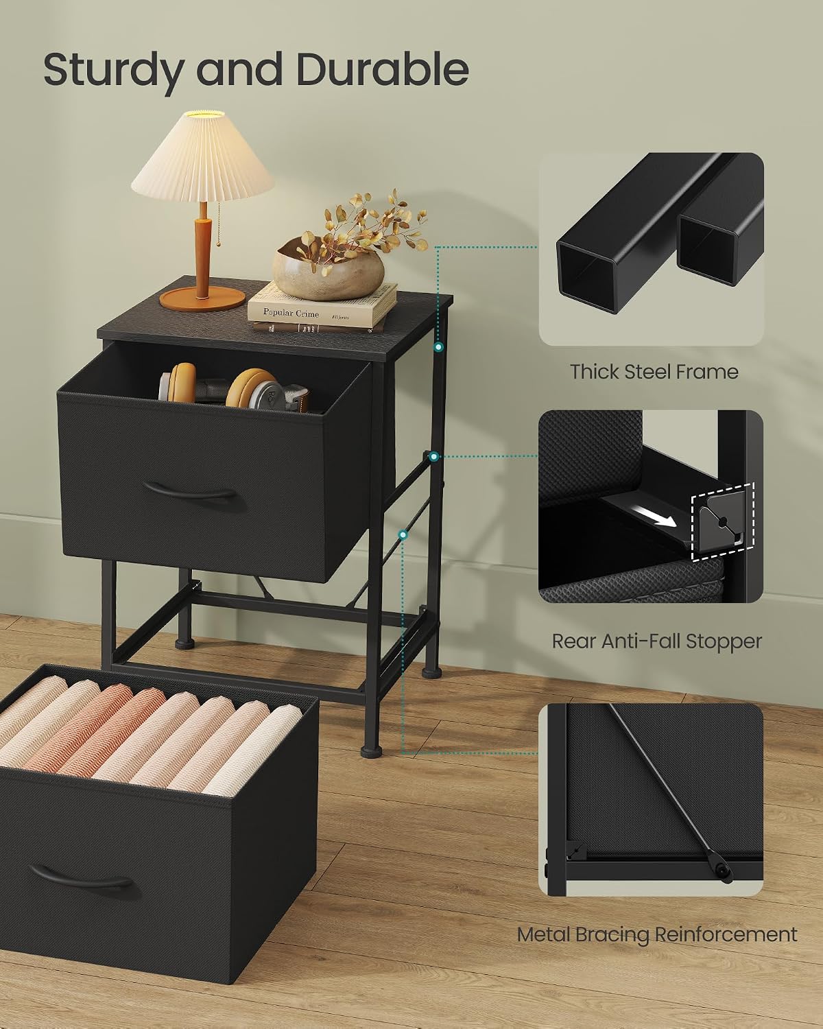 FormaHaven 2-Drawer Nightstand with Fabric Drawers – Steel Frame Bedside Table
