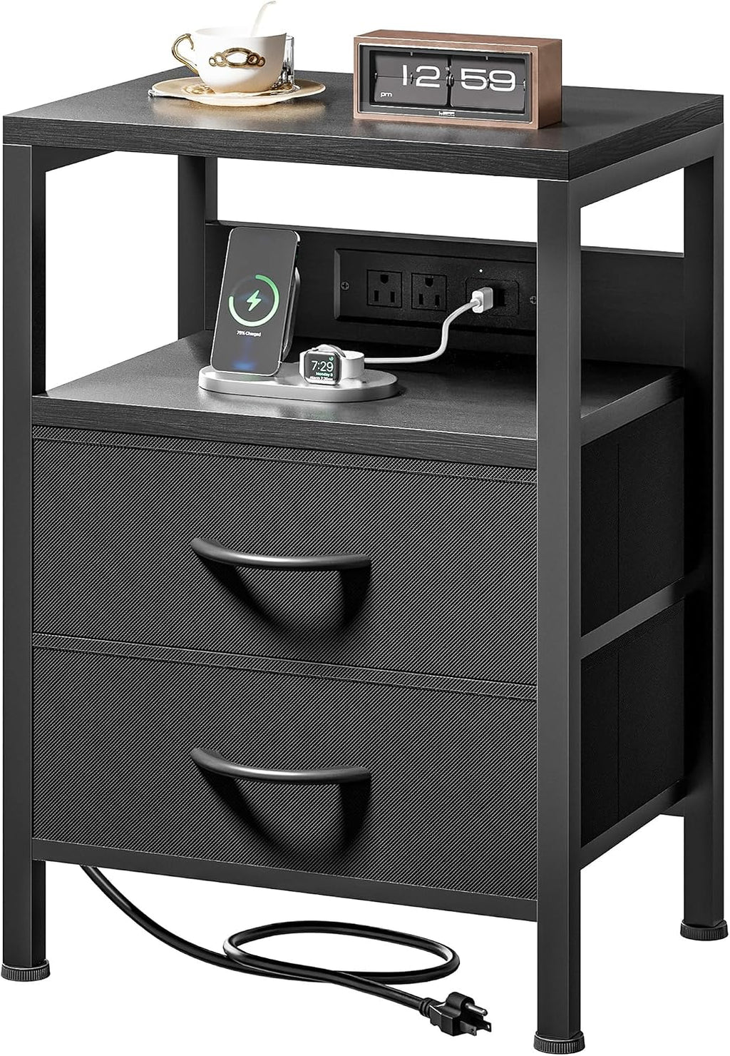 FormaHaven Black Nightstand with Charging Station – 2 Fabric Drawers & Open Shelf
