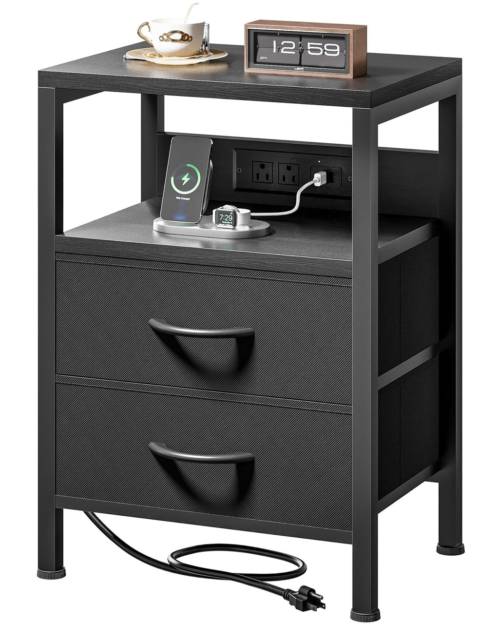 FormaHaven Black Nightstand with Charging Station – 2 Fabric Drawers & Open Shelf
