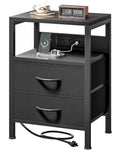 FormaHaven Black Nightstand with Charging Station – 2 Fabric Drawers & Open Shelf