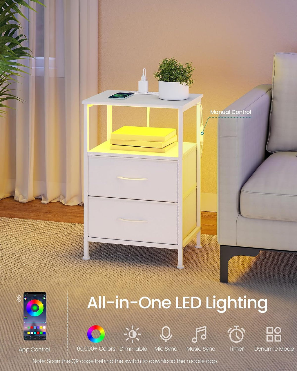 FormaHaven Smart LED Nightstand with Charging Station – 2 Drawers & Open Shelves
