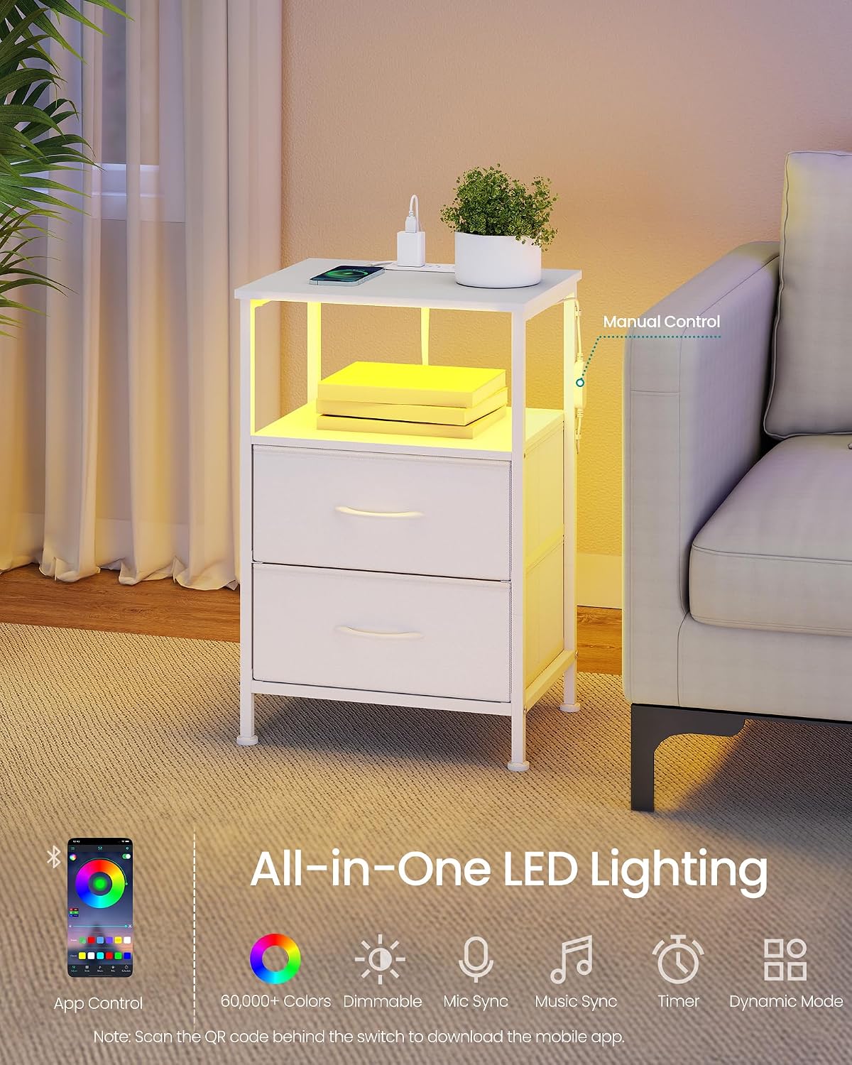 FormaHaven Smart LED Nightstand with Charging Station – 2 Drawers & Open Shelves