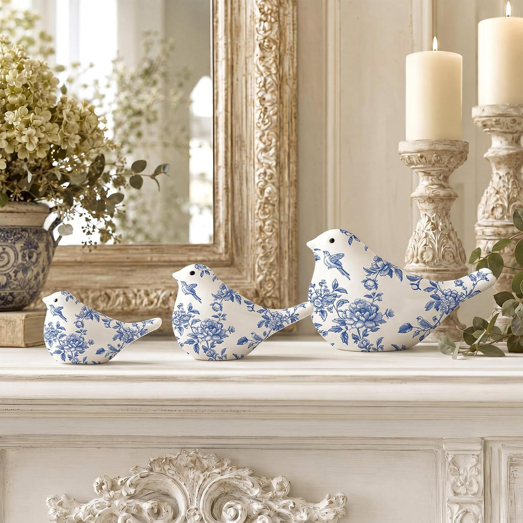 FormaHaven Blue and White Ceramic Bird Figurines Set of 3 – Chinoiserie Decor