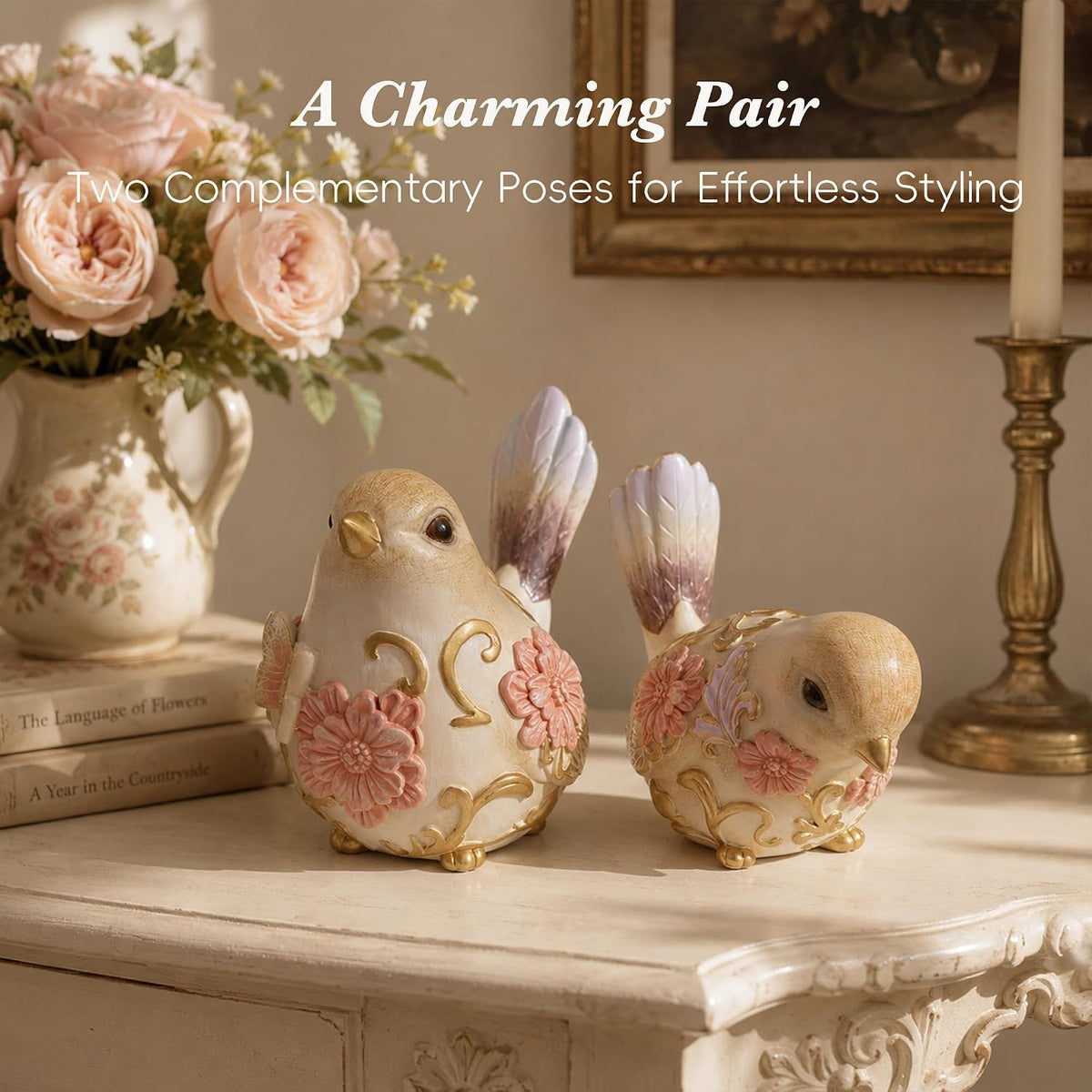 FormaHaven Hand-Painted Bird Figurines Set of 2 – Vintage Cottage Decor