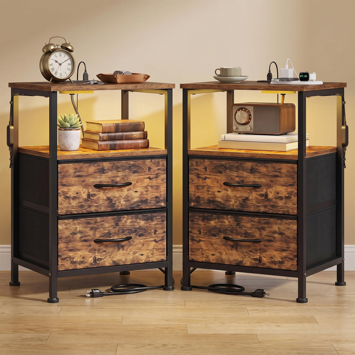 FormaHaven Smart LED Nightstand with Charging Station – 2 Drawers & Open Shelves