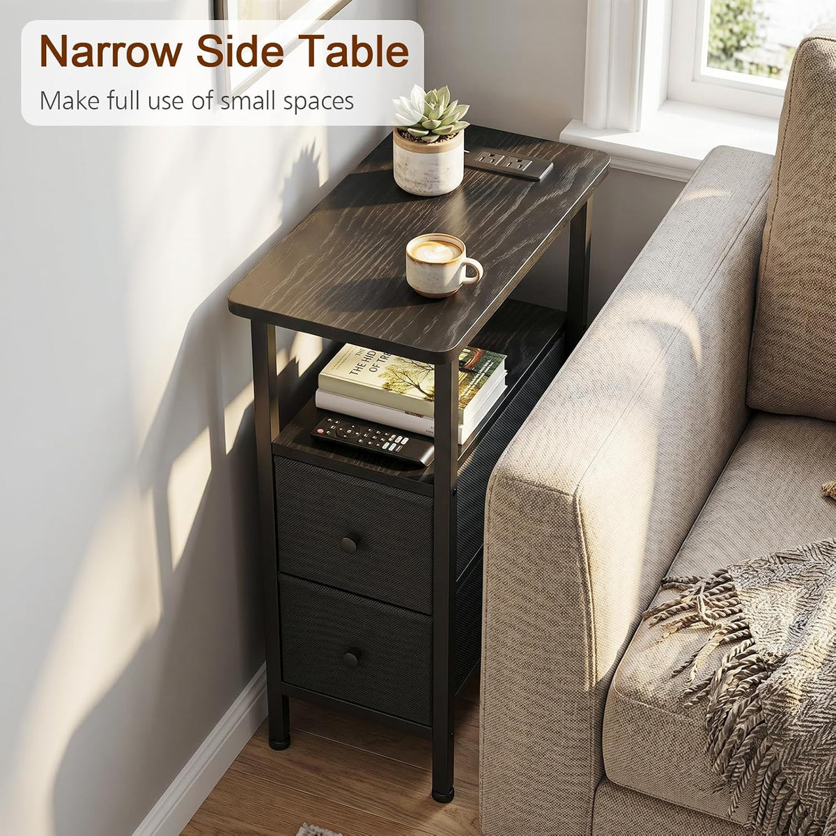FormaHaven Narrow End Table with Charging Station – 2 Drawers & Open Shelves