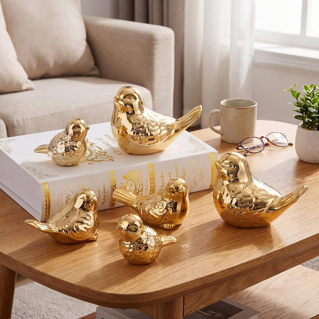 FormaHaven Gold Ceramic Bird Figurines Set of 6 – Elegant Home Decor