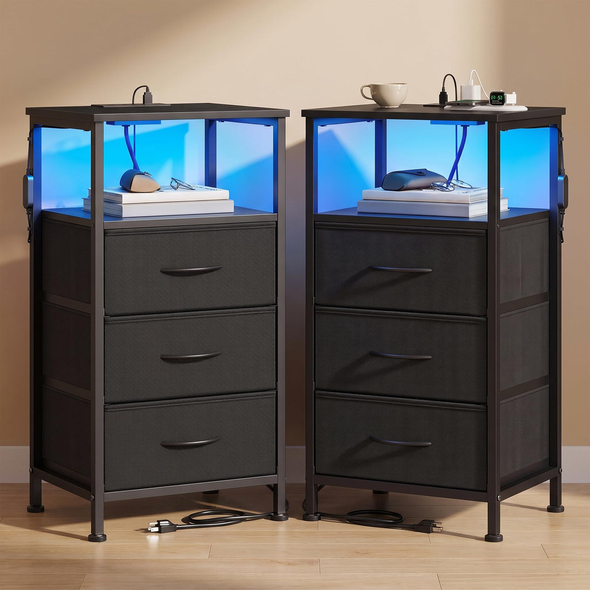 FormaHaven Smart LED Nightstand with Charging Station – 2 Drawers & Open Shelves
