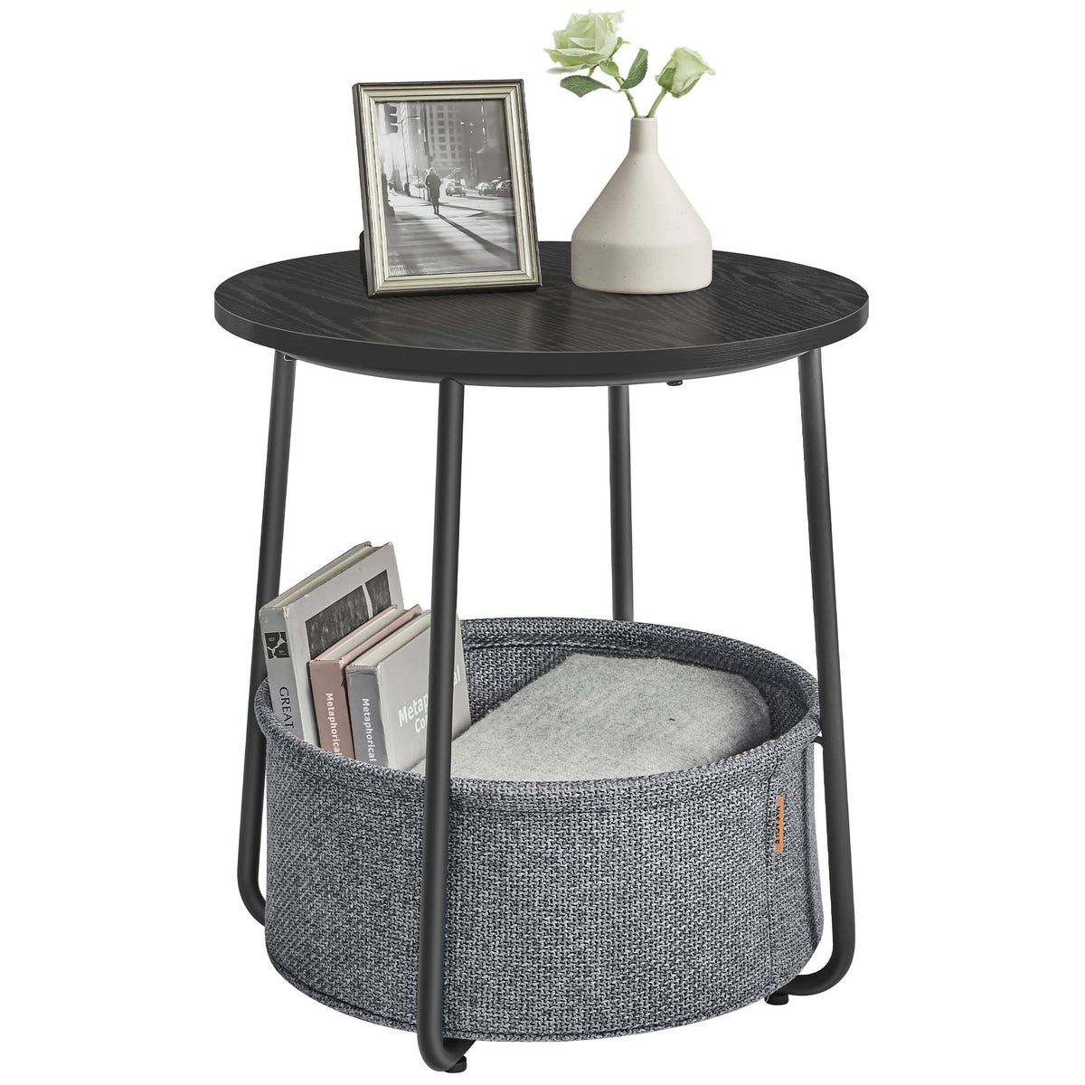 FormaHaven Round Side Table with Fabric Storage Basket – Modern Bedside End Table