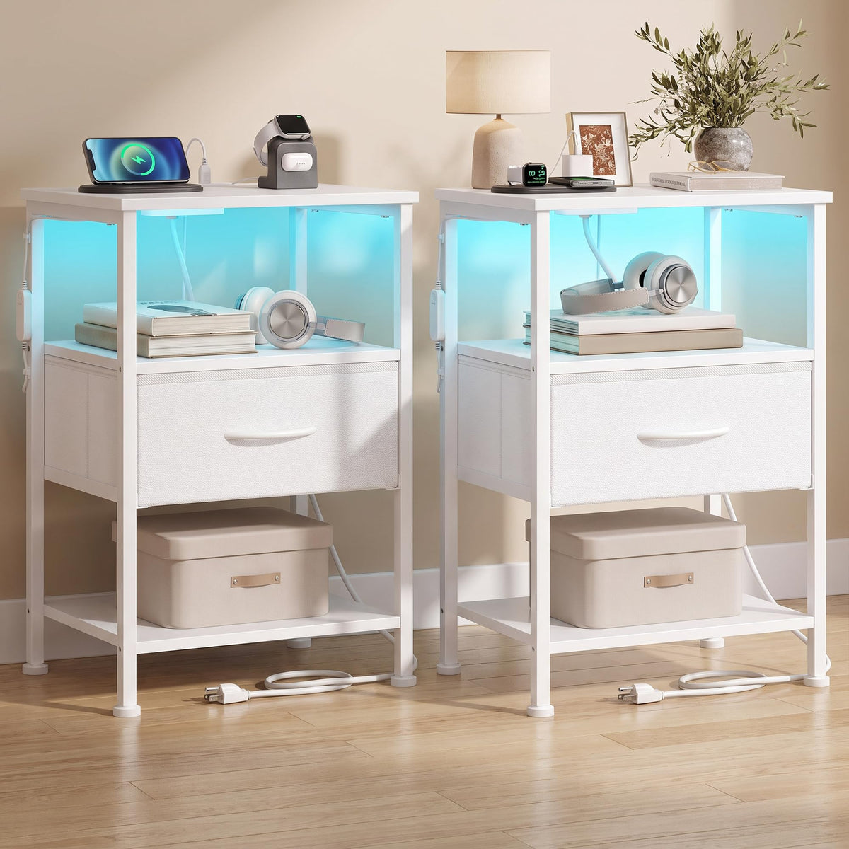 FormaHaven Smart LED Nightstand with Charging Station – 2 Drawers & Open Shelves