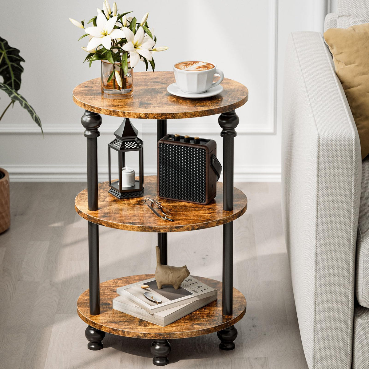 FormaHaven 3-Tier Rustic Wood Side Table with Black Metal Legs