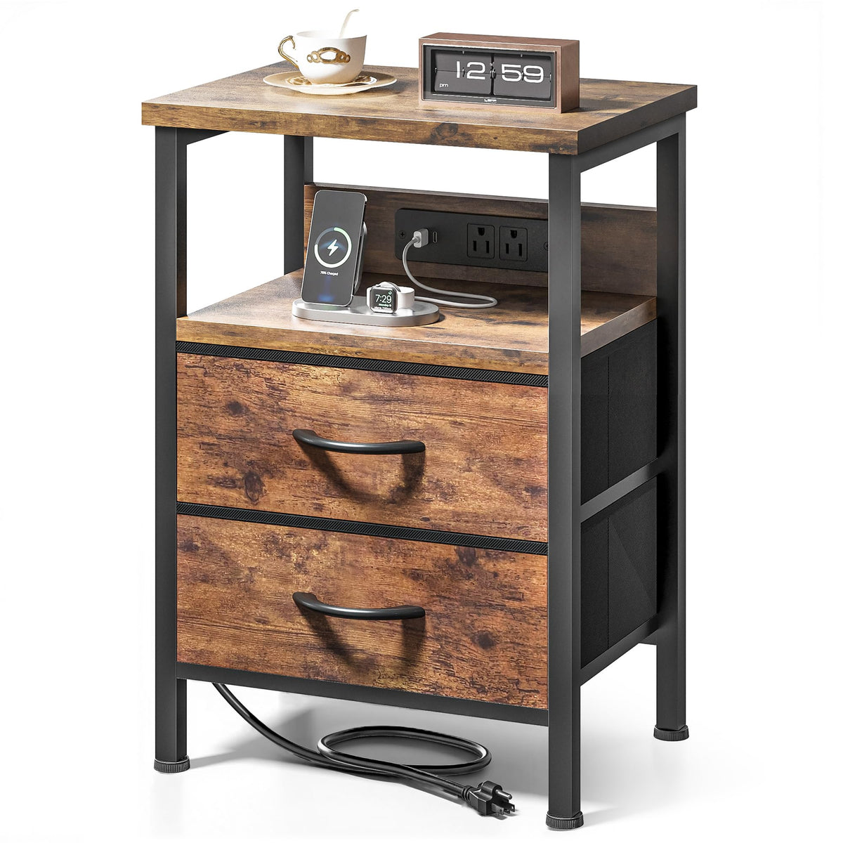FormaHaven Black Nightstand with Charging Station – 2 Fabric Drawers & Open Shelf