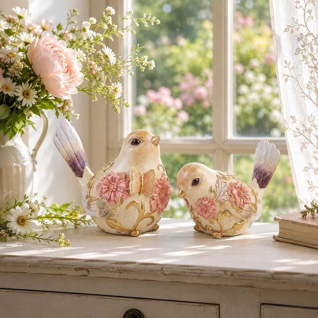FormaHaven Hand-Painted Bird Figurines Set of 2 – Vintage Cottage Decor