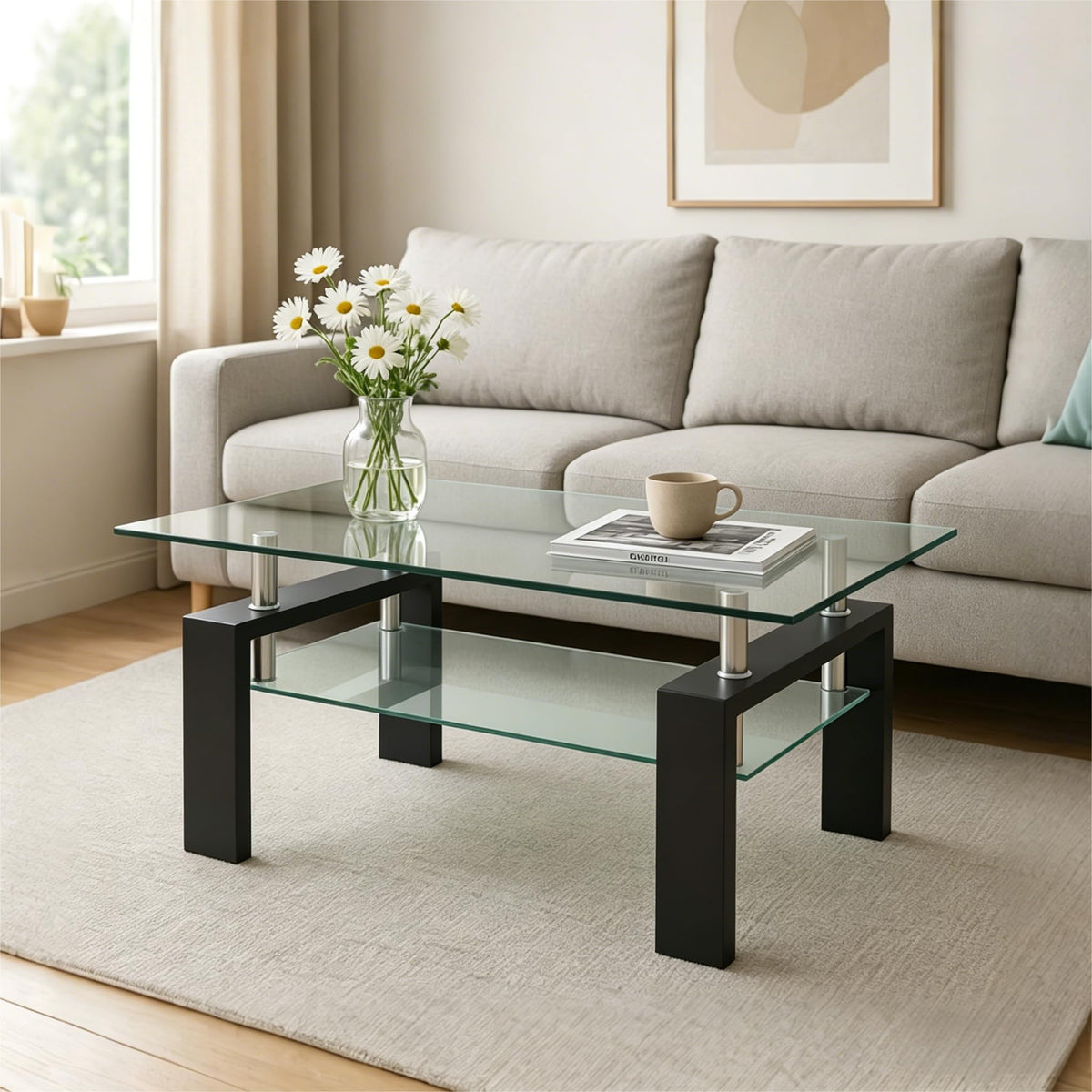 FormaHaven Modern 2-Tier Glass Coffee Table with Black Metal Legs