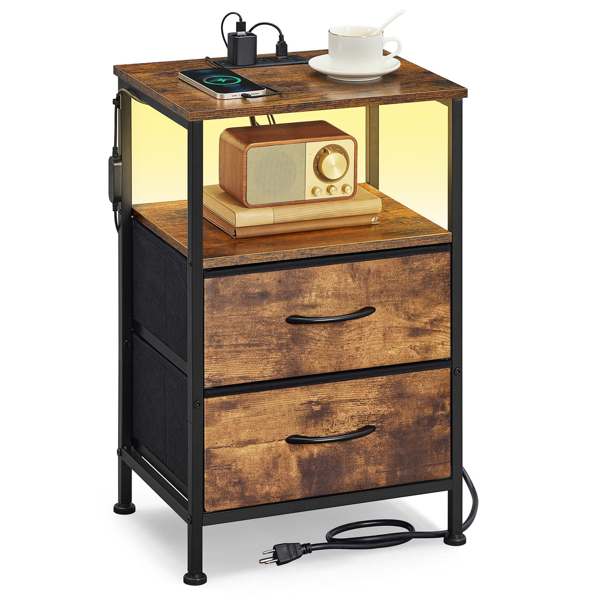 FormaHaven Smart LED Nightstand with Charging Station – 2 Drawers & Open Shelves