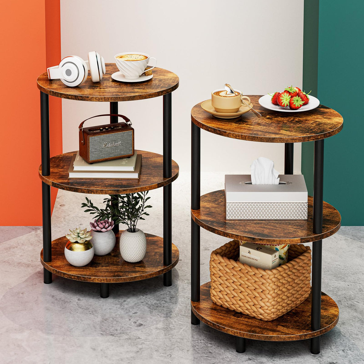 FormaHaven 3-Tier Rustic Wood Side Table with Black Metal Legs