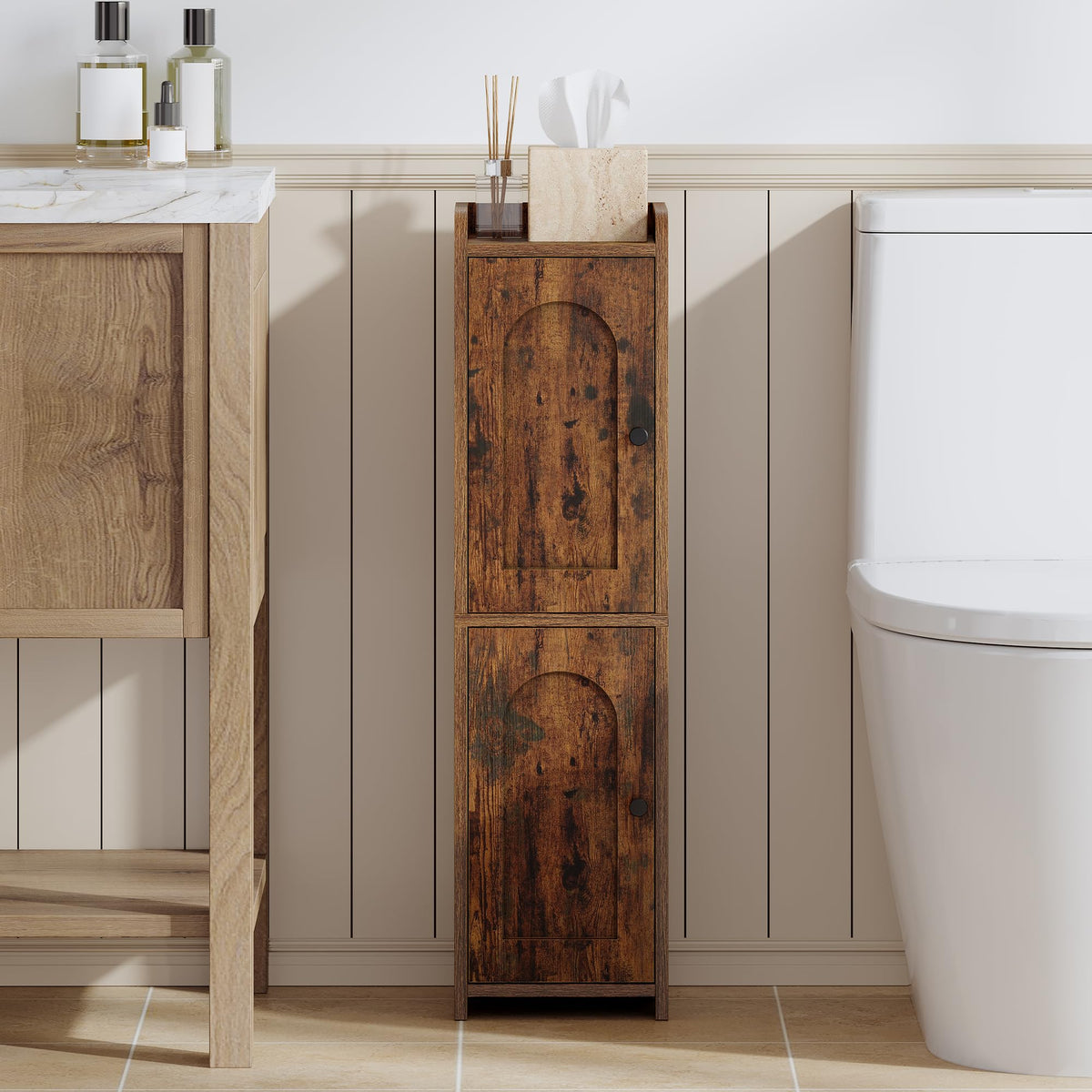 FormaHaven Slim Bathroom Storage Cabinet with 2 Doors – Adjustable Shelves, Arched Design