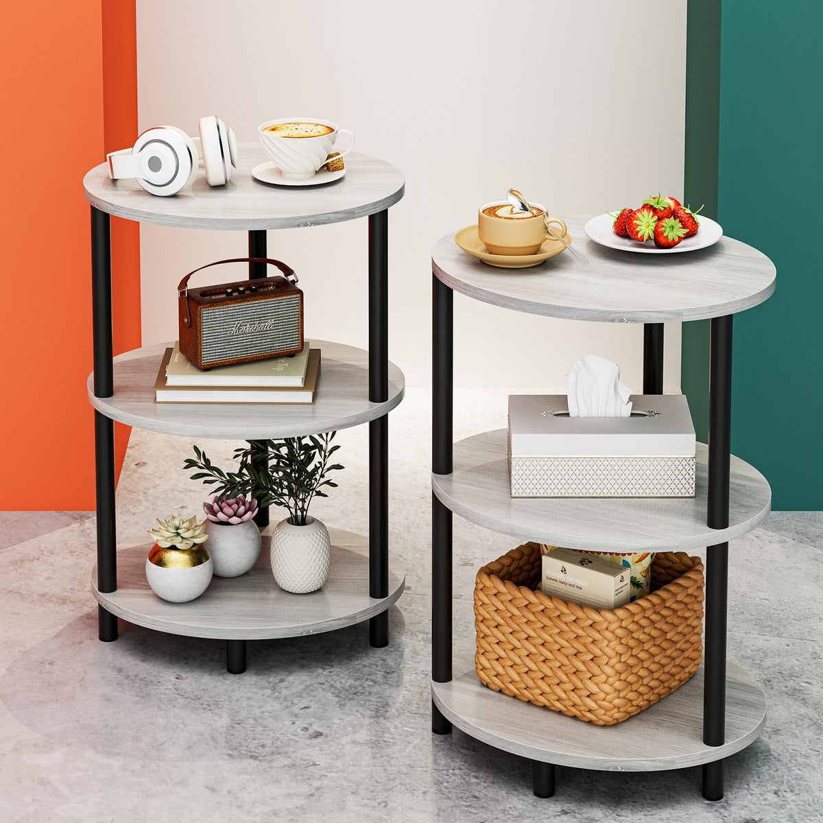 FormaHaven 3-Tier Rustic Wood Side Table with Black Metal Legs