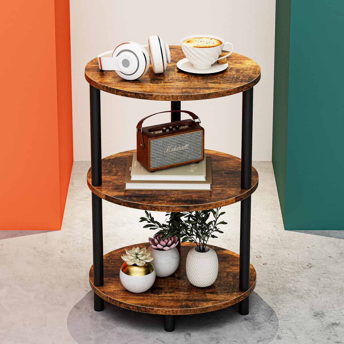 FormaHaven 3-Tier Rustic Wood Side Table with Black Metal Legs
