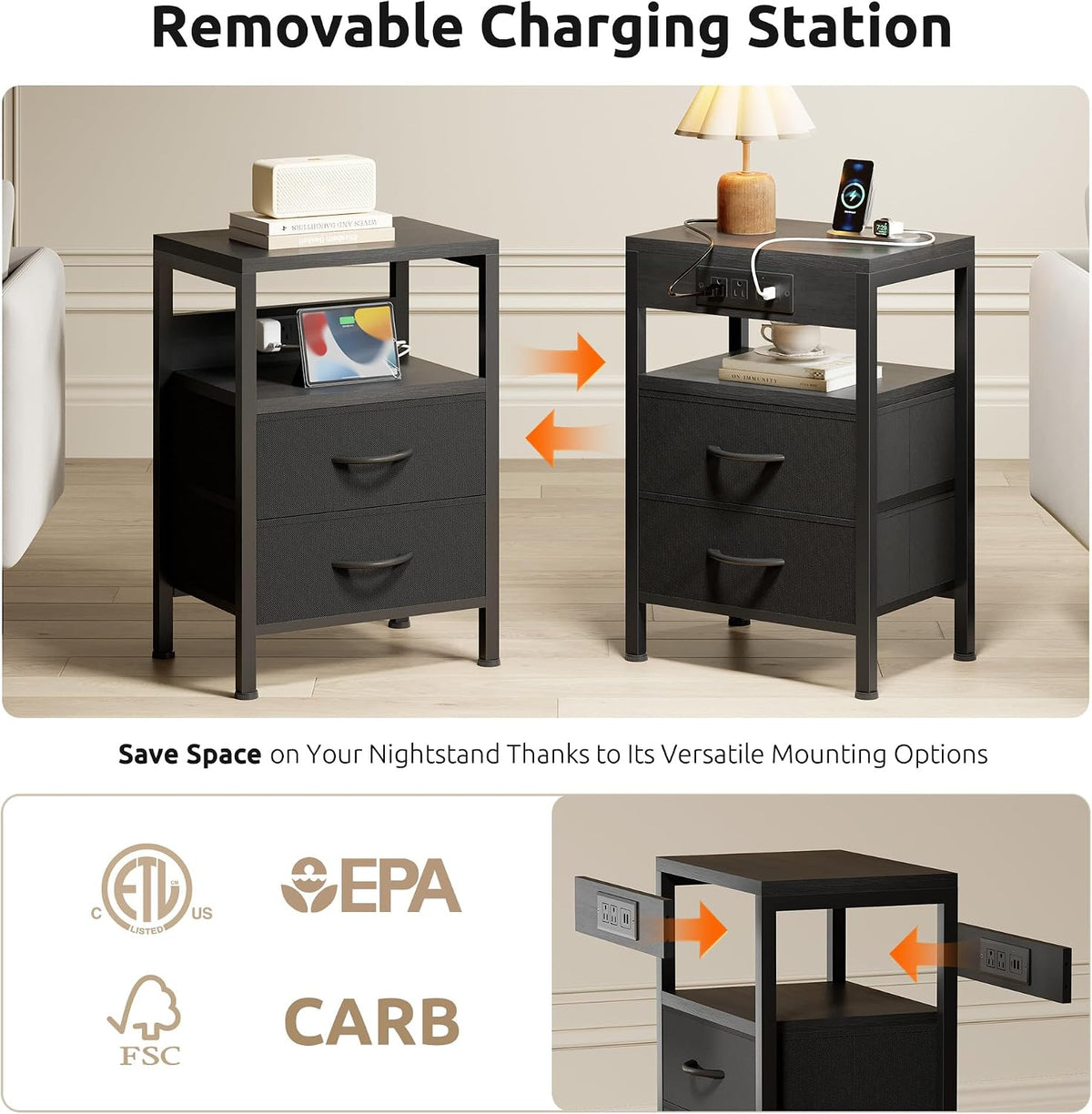 FormaHaven Black Nightstand with Charging Station – 2 Fabric Drawers & Open Shelf