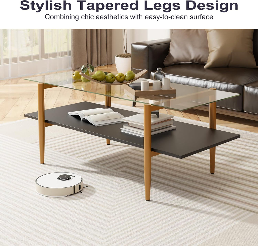 FormaHaven Modern 2-Tier Glass Coffee Table with Metal Frame