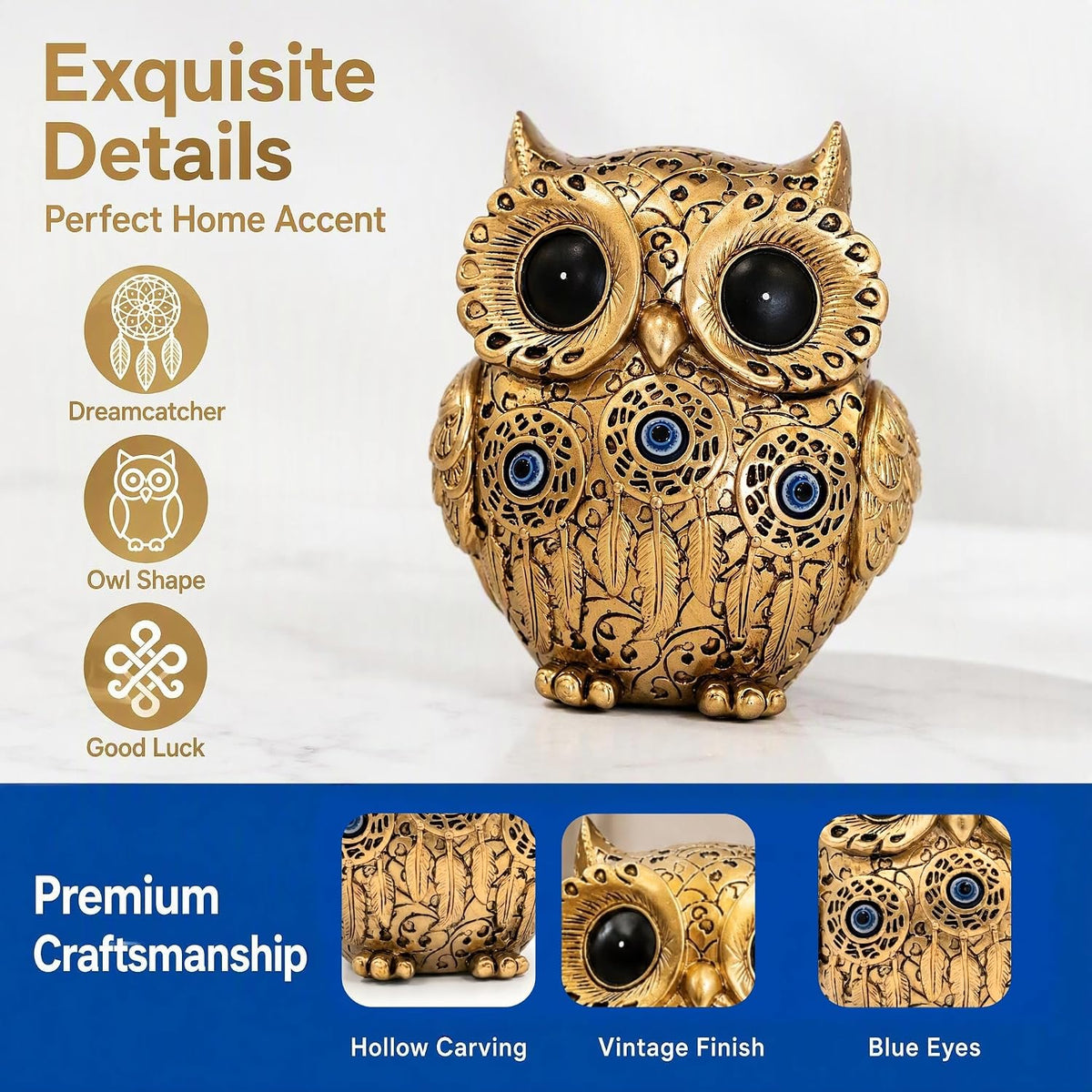 FormaHaven Vintage Gold Owl Figurine – Blue Evil Eye Decorative Statue