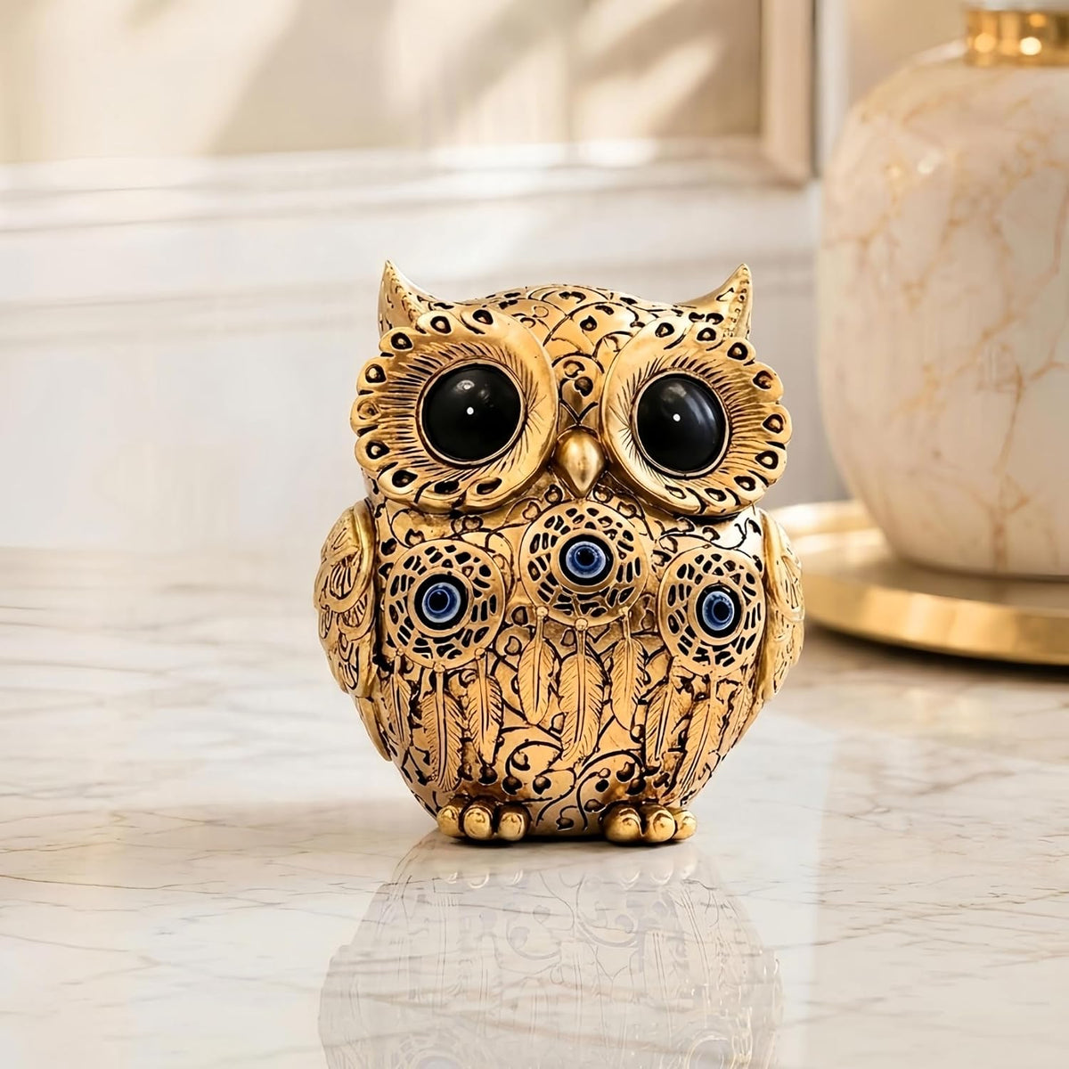 FormaHaven Vintage Gold Owl Figurine – Blue Evil Eye Decorative Statue