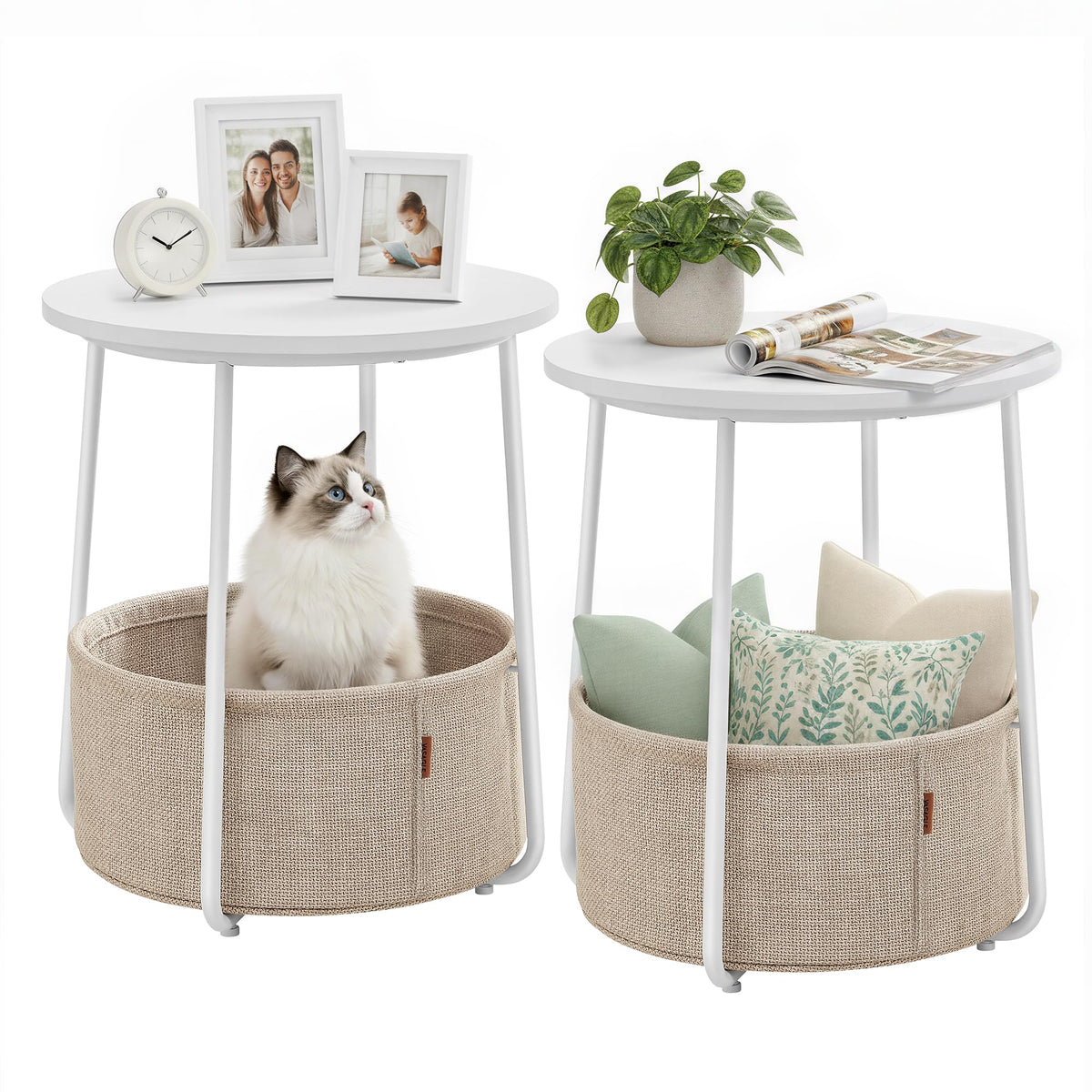 FormaHaven Round Side Table with Fabric Storage Basket – Modern Bedside End Table