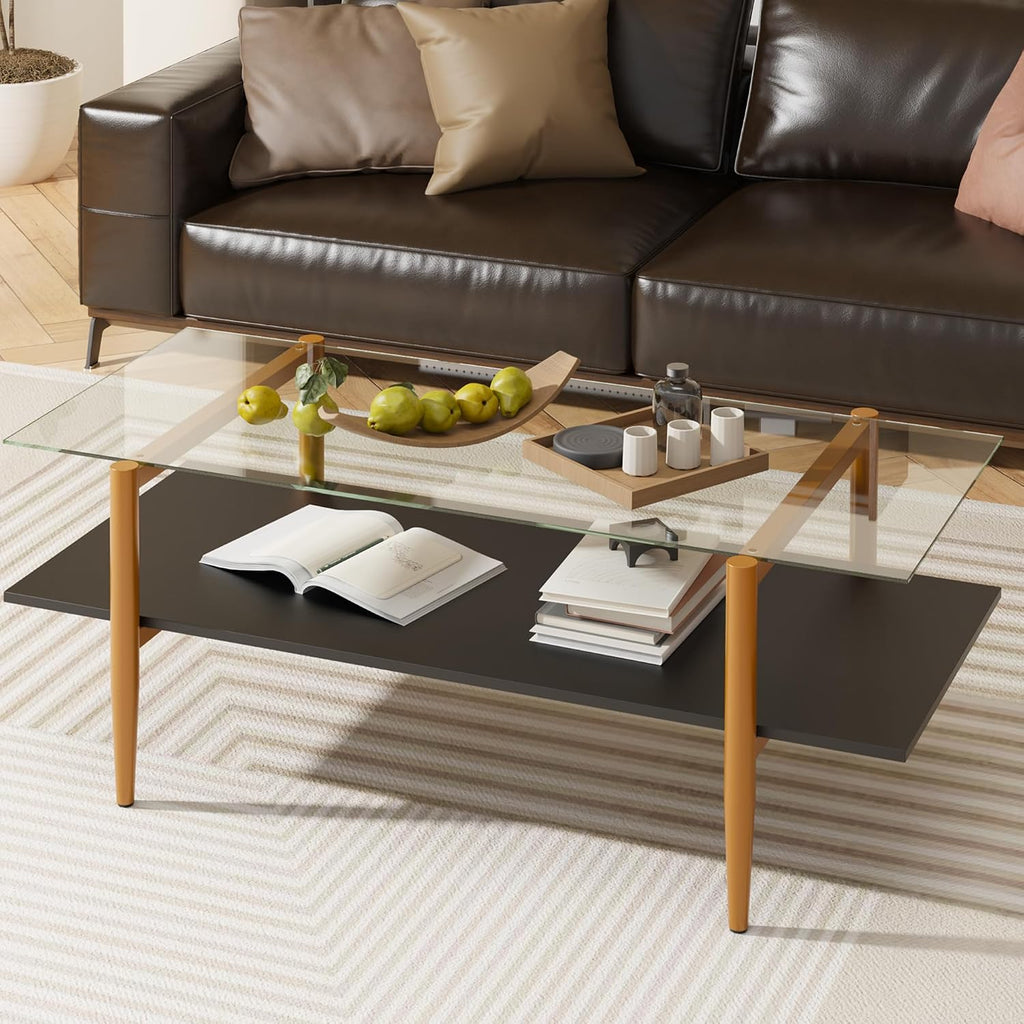 FormaHaven Modern 2-Tier Glass Coffee Table with Metal Frame