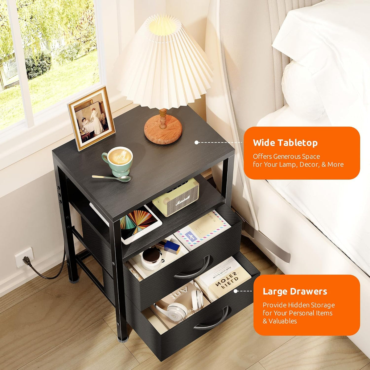 FormaHaven Black Nightstand with Charging Station – 2 Fabric Drawers & Open Shelf