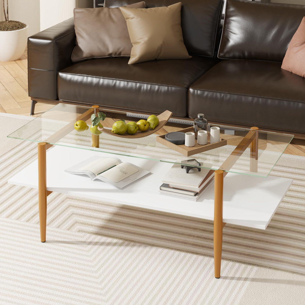 FormaHaven Modern 2-Tier Glass Coffee Table with Metal Frame