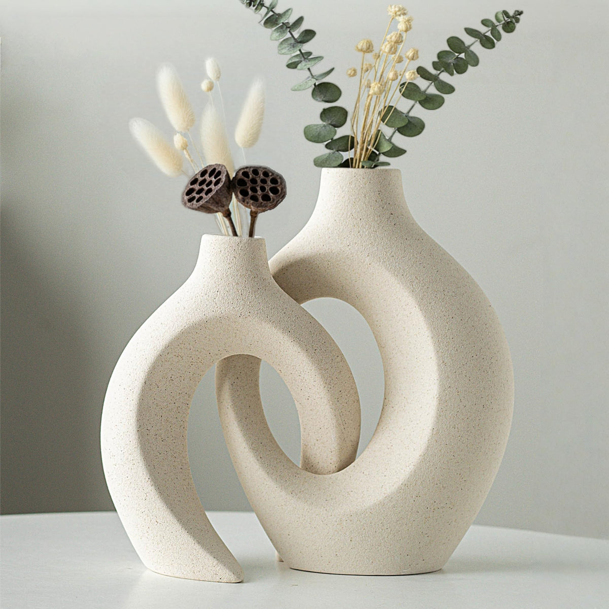FormaHaven Matte White Ceramic Vase Set of 2 – Modern Sculptural Couple Vases