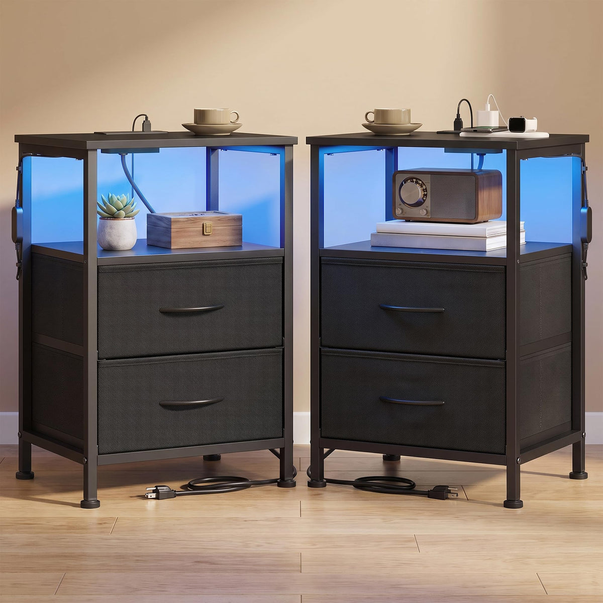 FormaHaven Smart LED Nightstand with Charging Station – 2 Drawers & Open Shelves