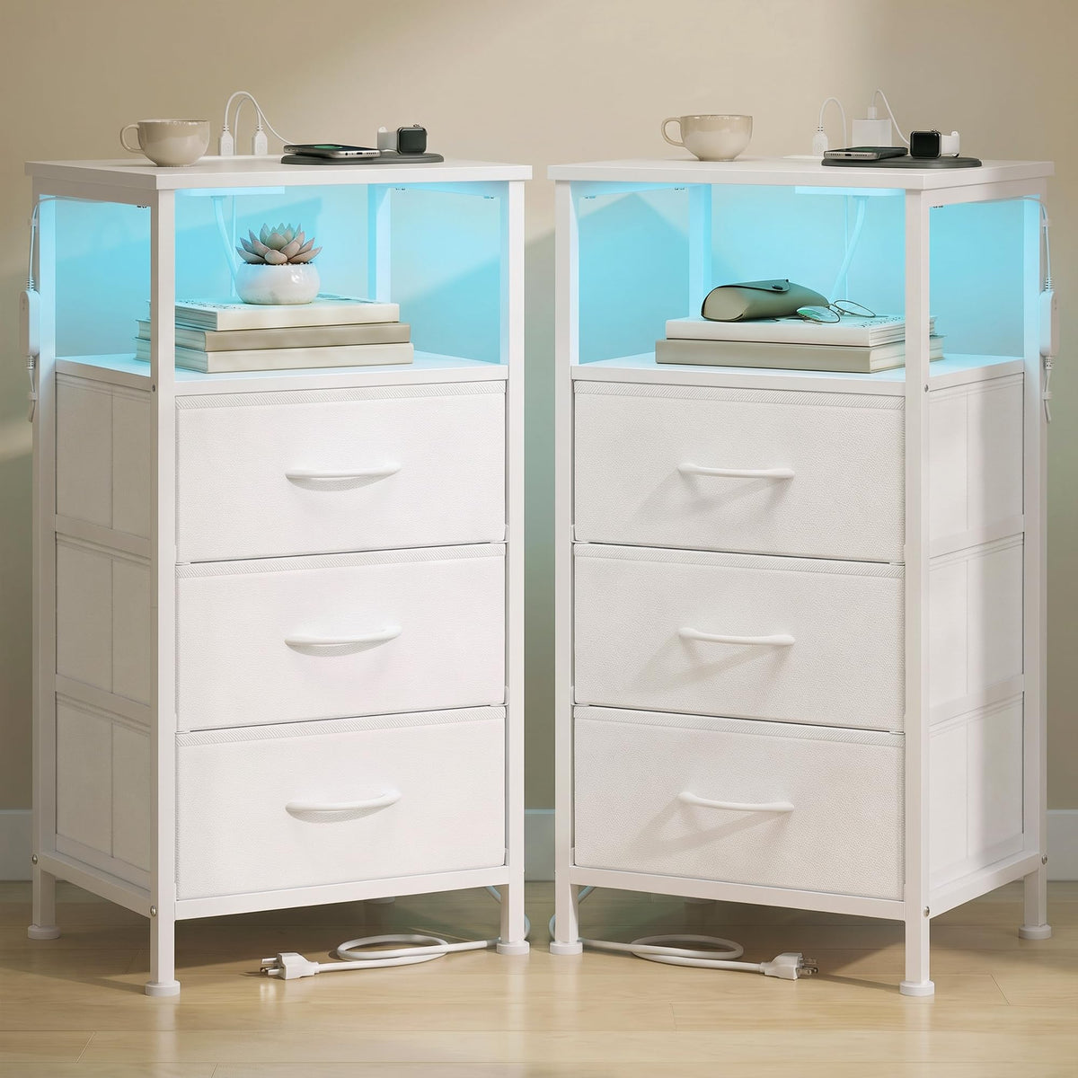 FormaHaven Smart LED Nightstand with Charging Station – 2 Drawers & Open Shelves