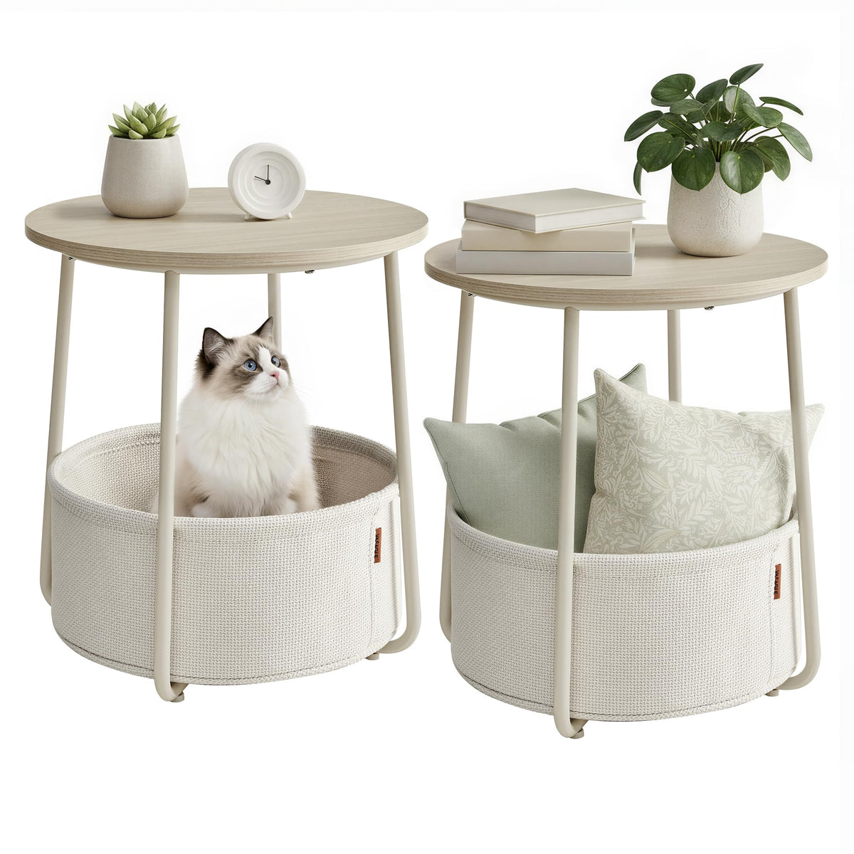 FormaHaven Round Side Table with Fabric Storage Basket – Modern Bedside End Table