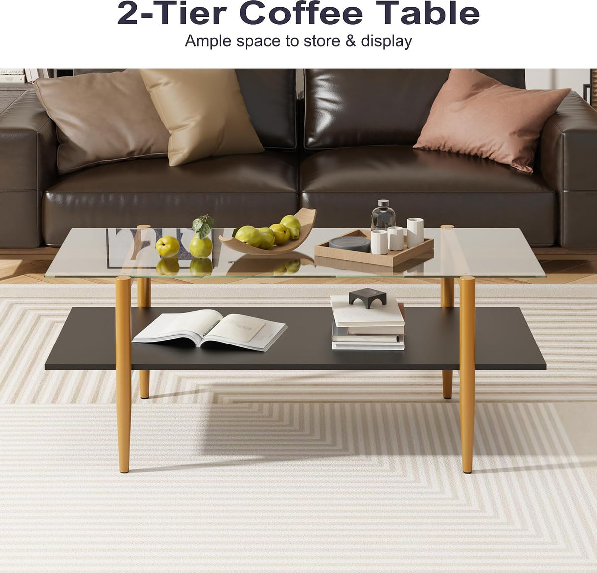 FormaHaven Modern 2-Tier Glass Coffee Table with Metal Frame